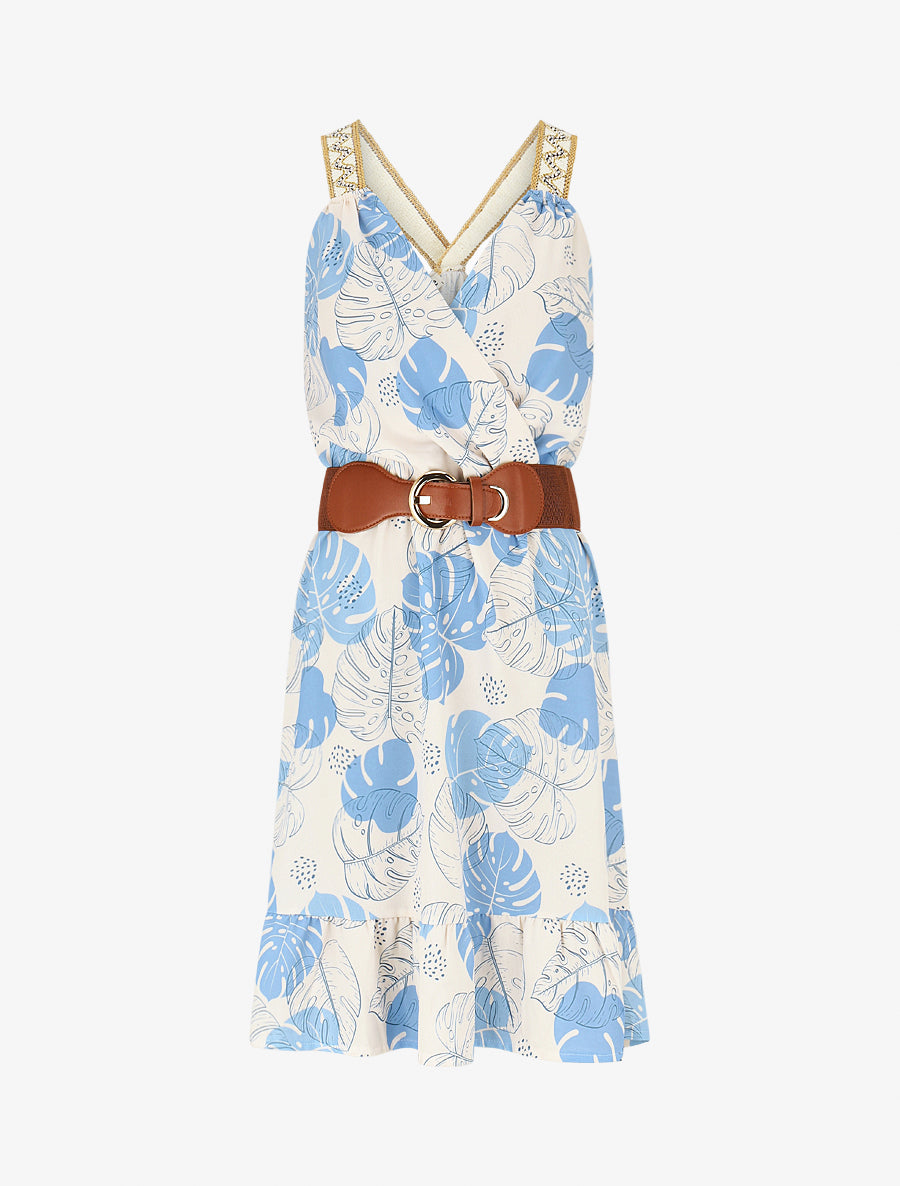 Robe mi-longue élastiquée imprimé feuilles - Bleu ciel - 1