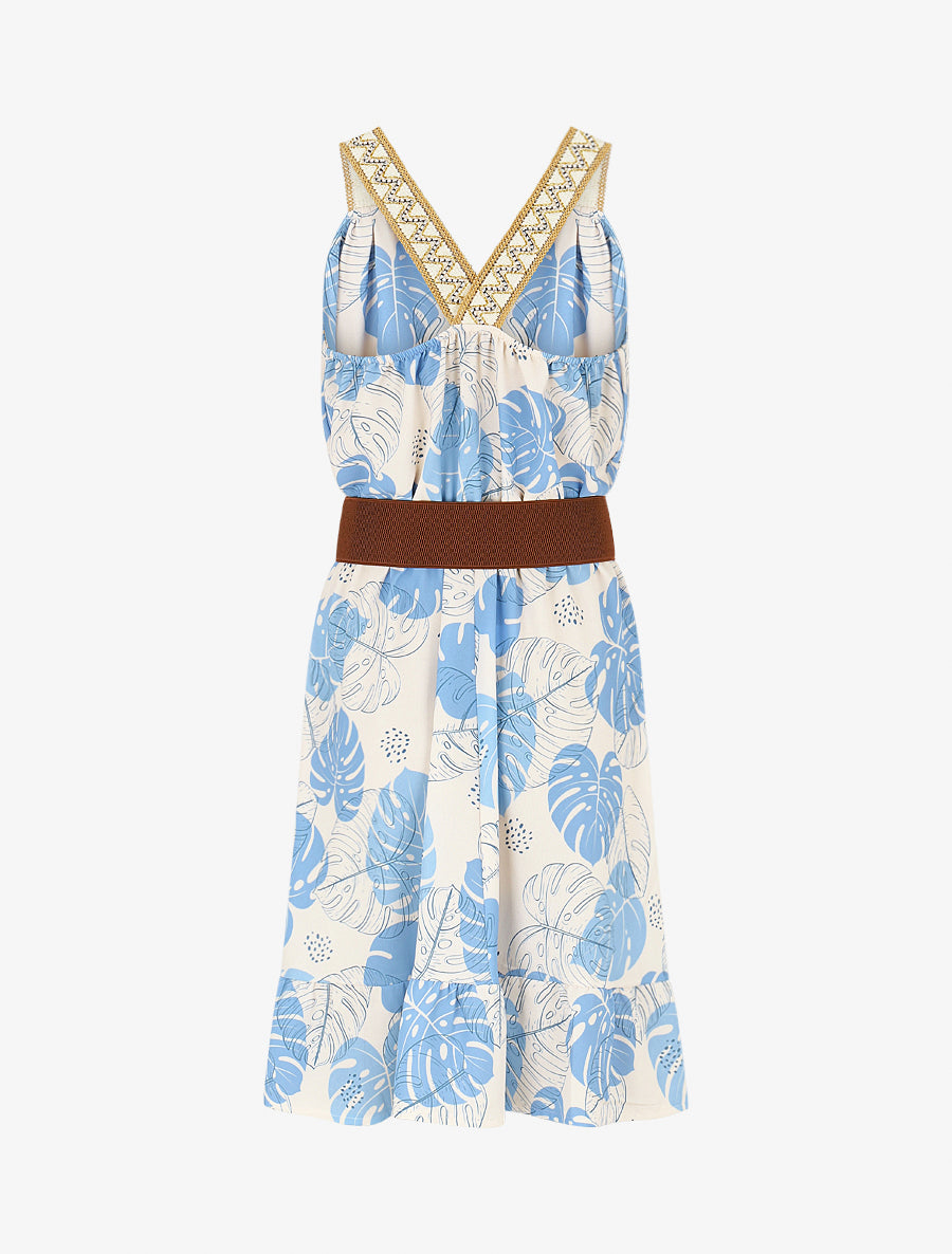 Robe mi-longue élastiquée imprimé feuilles - Bleu ciel - 2