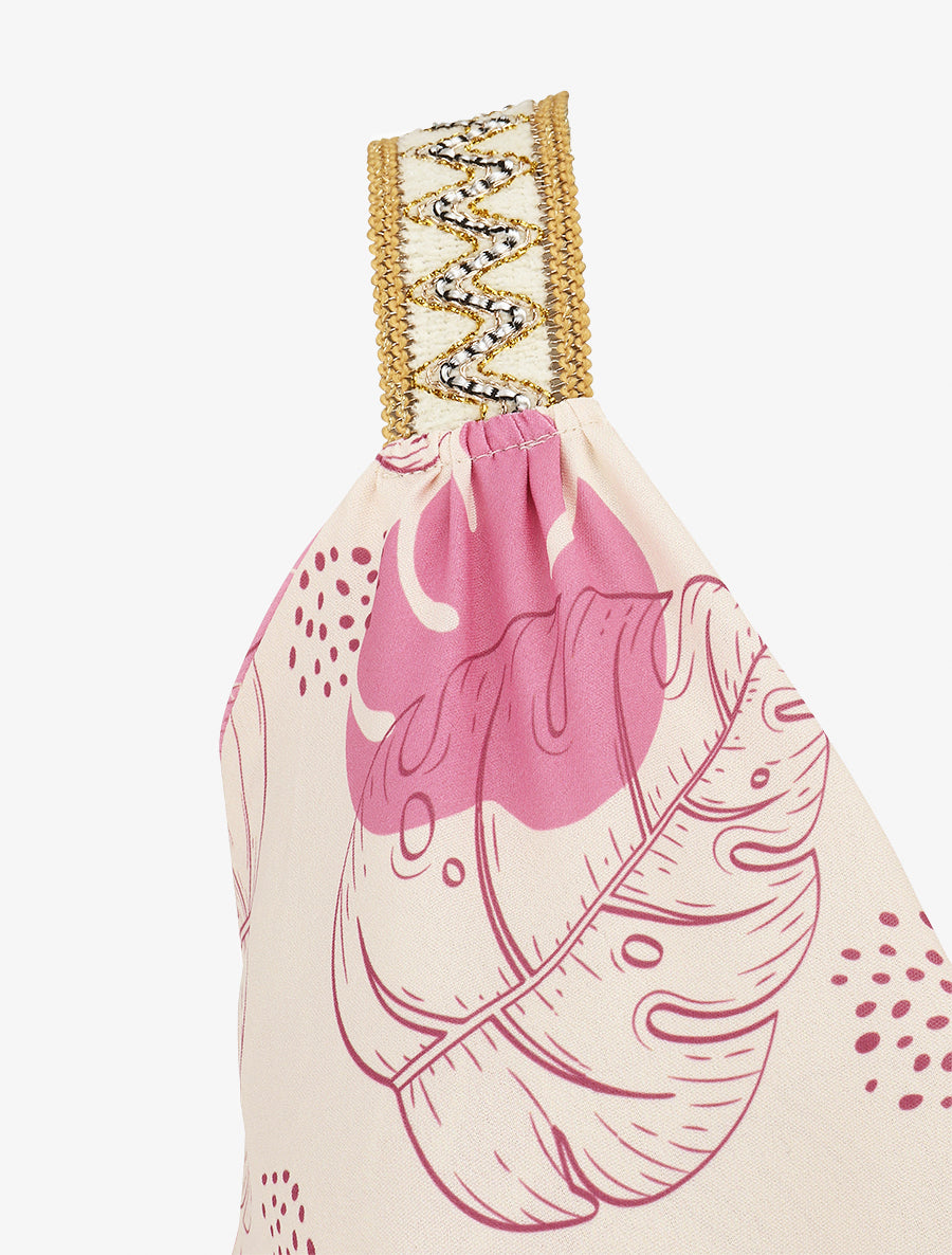 Robe mi-longue élastiquée imprimé feuilles - Vieux rose - 3