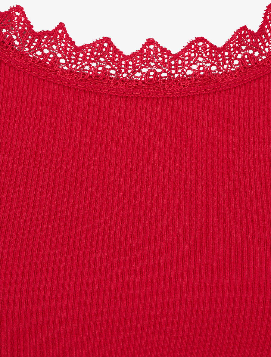 Débardeur côtelé à col dentelle - Rouge - 3
