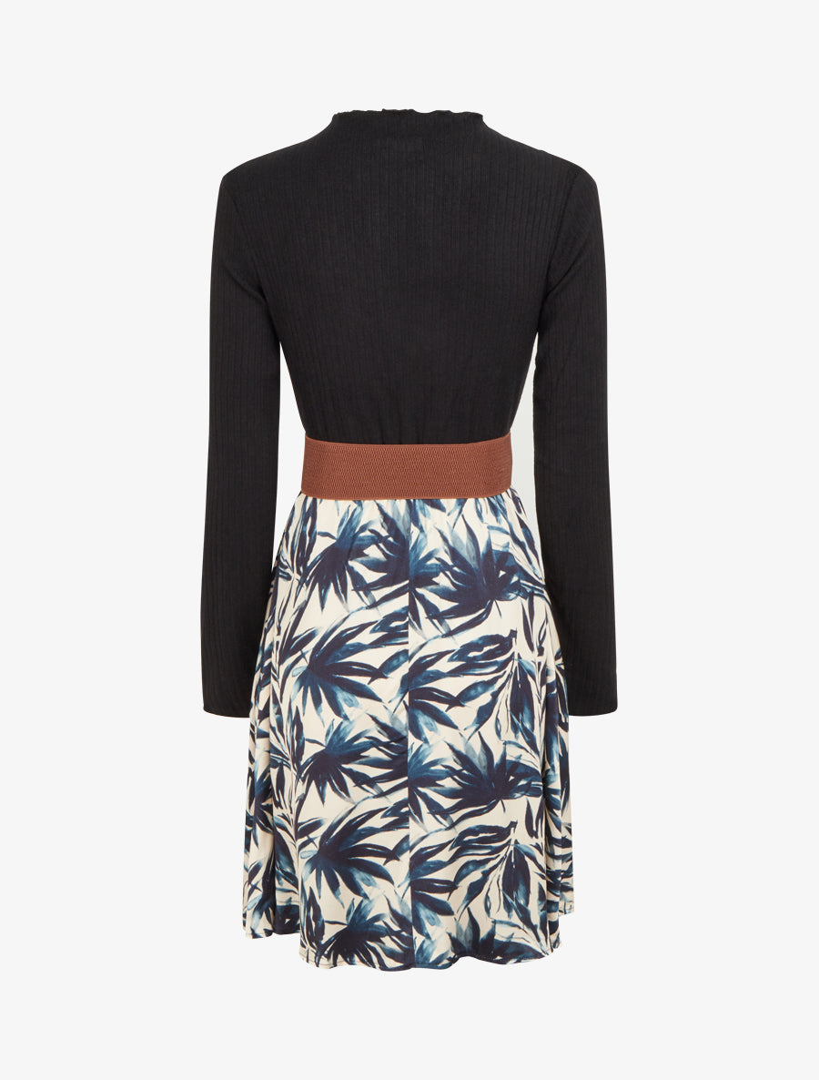 Robe évasée bi-matière imprimé feuilles - Marine - 2