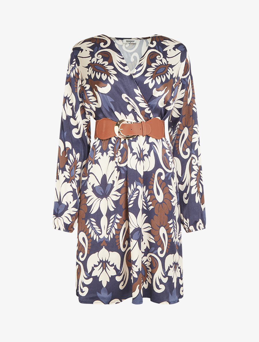 Robe évasée satinée imprimé arabesque - Marine - 1