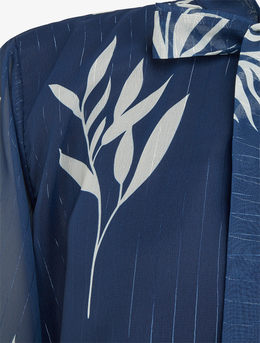 Top lavallière en voile imprimé feuilles - Marine - 3