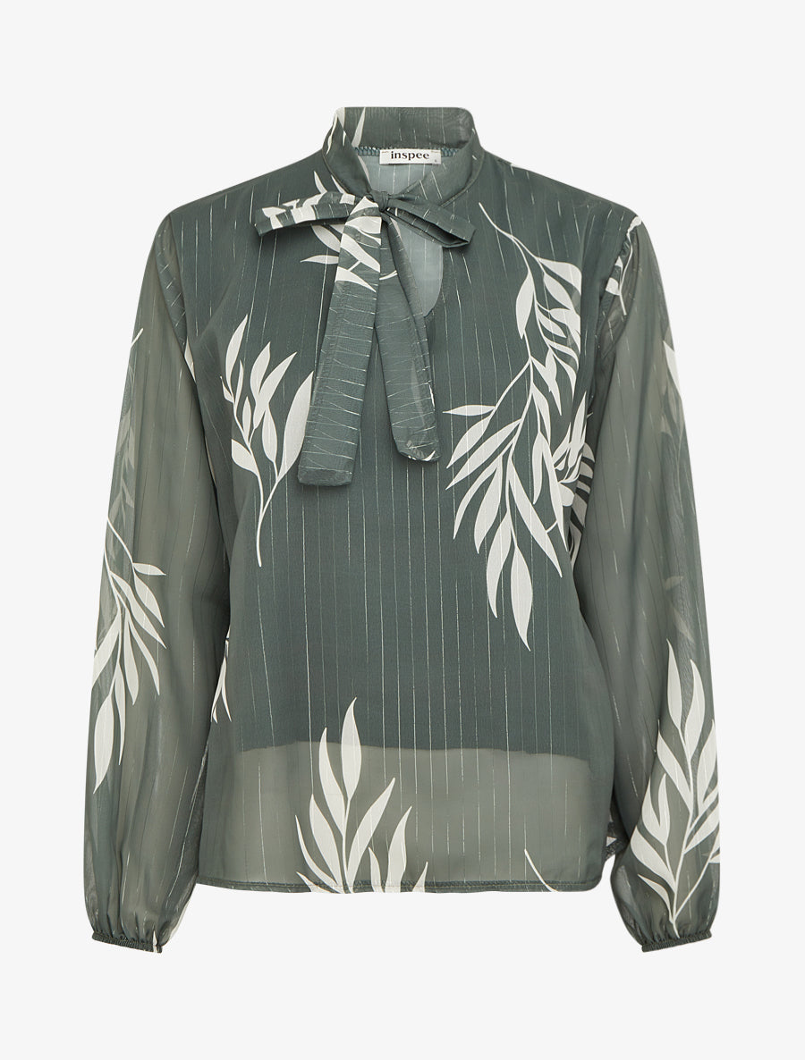 Top lavallière en voile imprimé feuilles - Kaki - 1