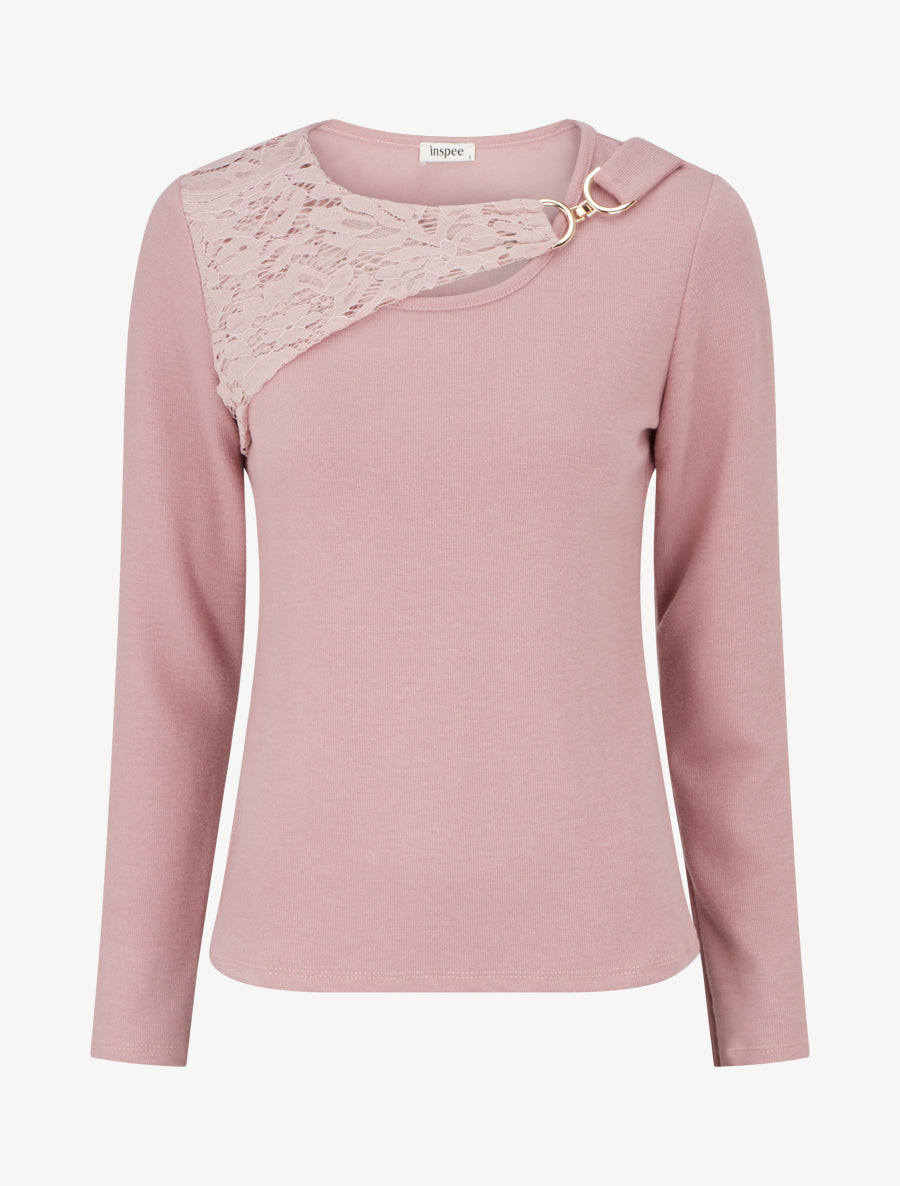 Pull à détail dentelle et empiècement métallique - Rose - 1