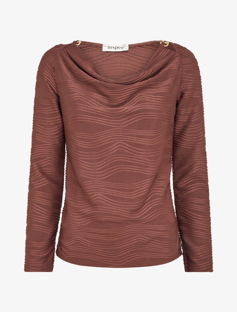 Top texturé à col bénitier et bijou - Marron - 1