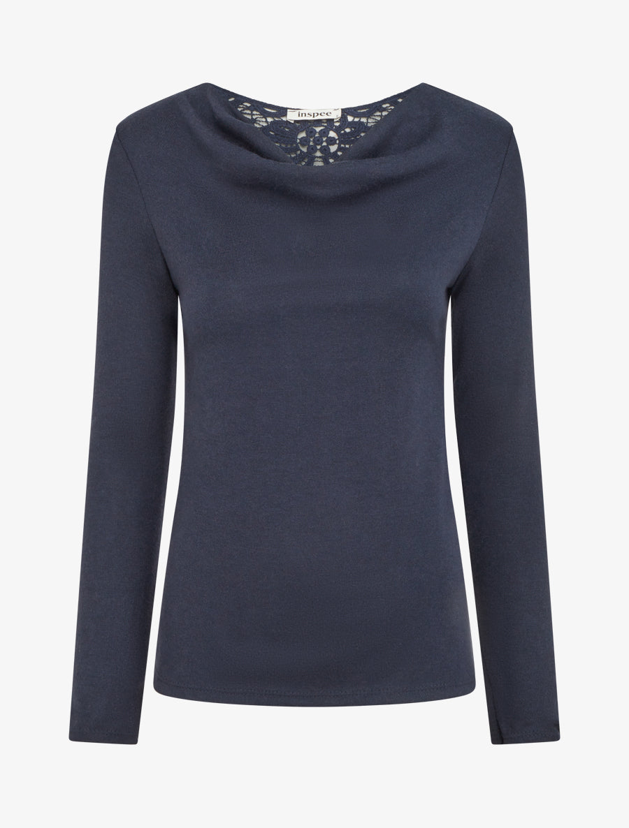 Pull à col bénitier et dos en crochet - Marine - 1