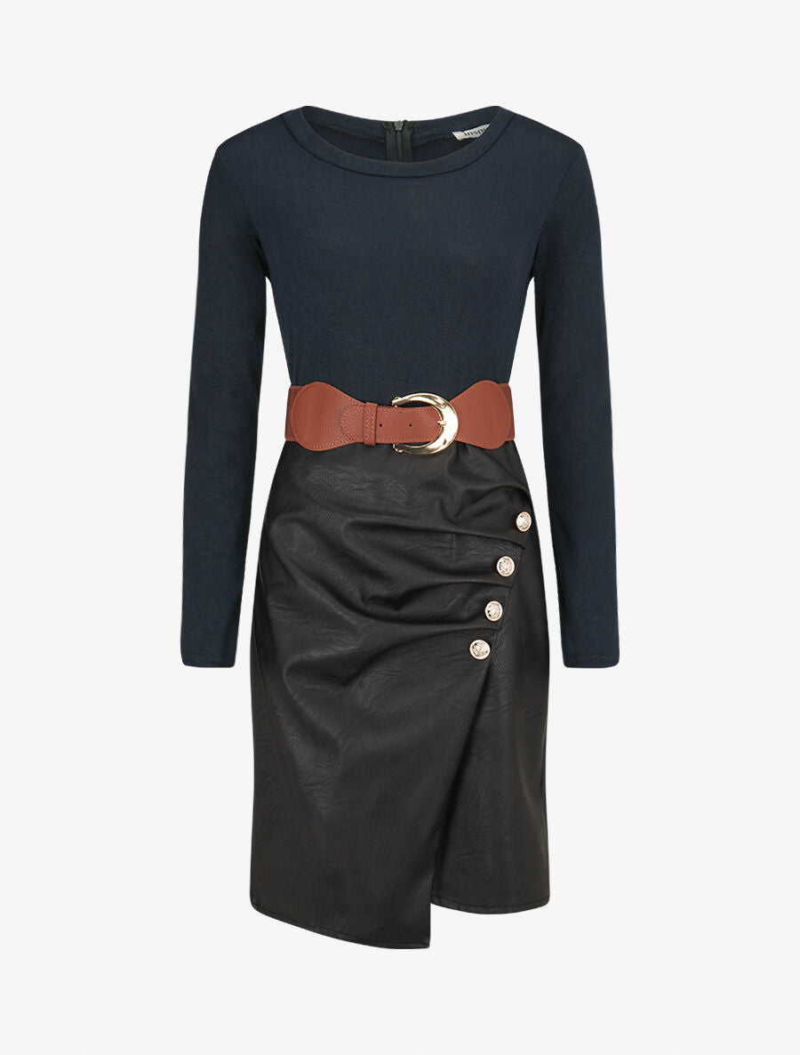 Robe bimatière jupe plissé à boutons - Marine - 1