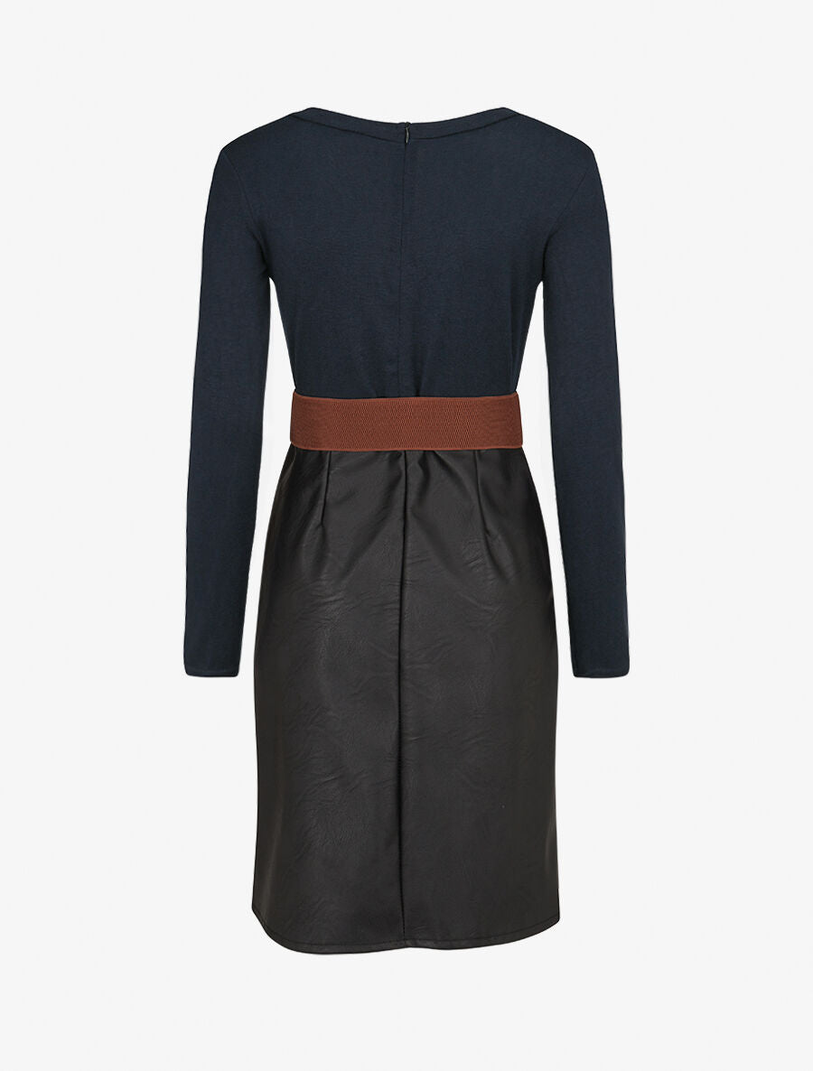 Robe bimatière jupe plissé à boutons - Marine - 2