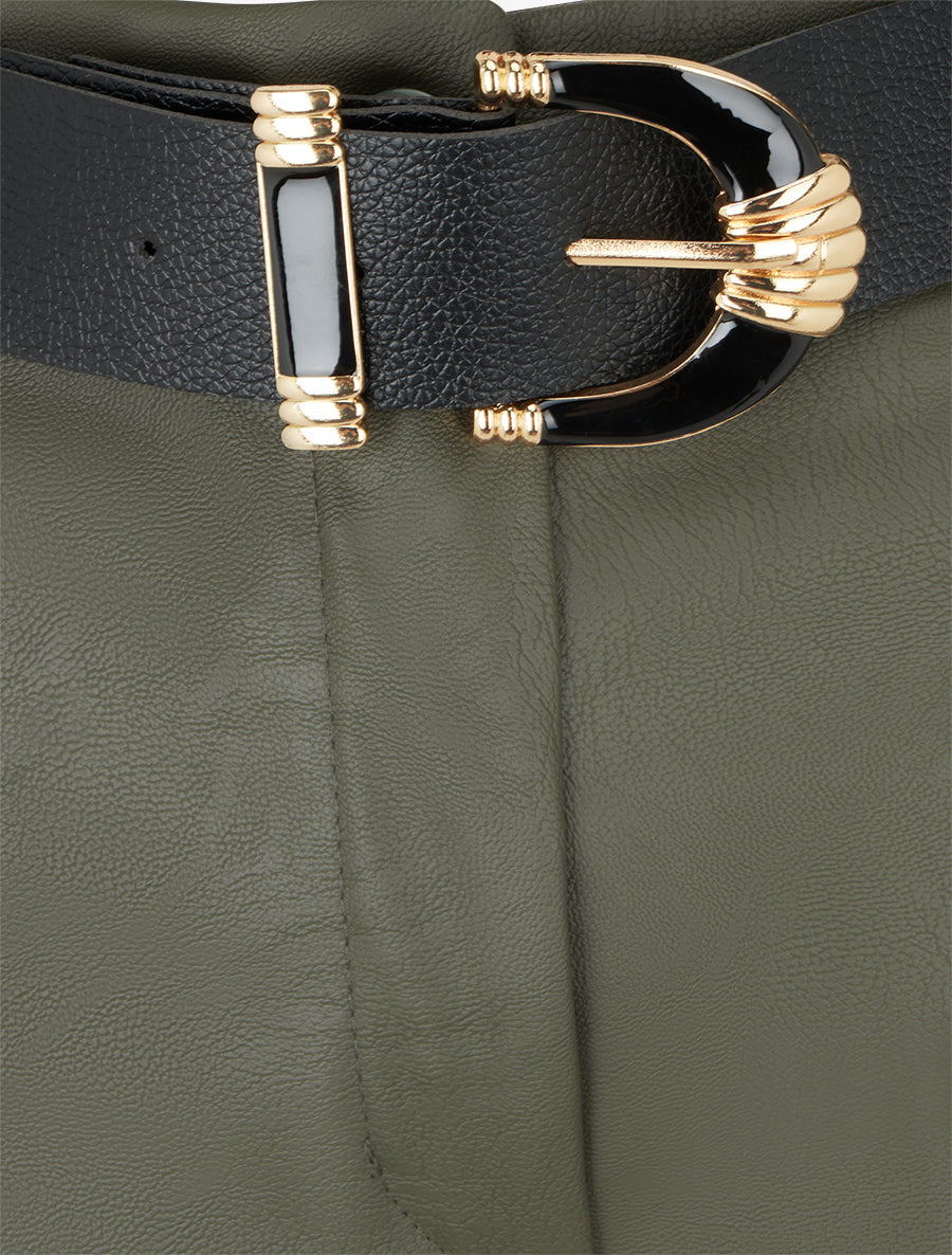 Short ceinturé à revers en simili - Kaki - 3