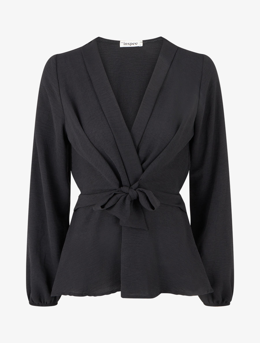 Blouse unie élastiquée à col cache coeur - Noir - 1