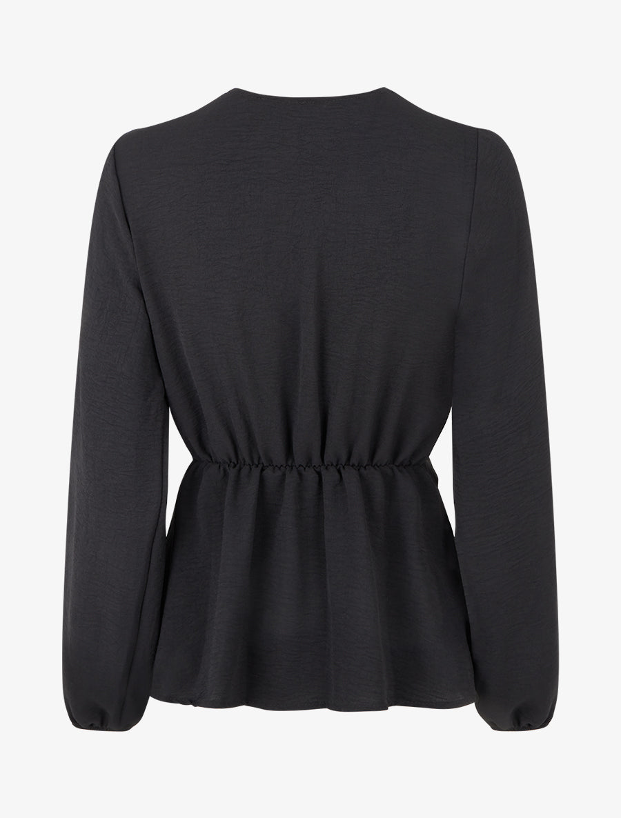 Blouse unie élastiquée à col cache coeur - Noir - 2