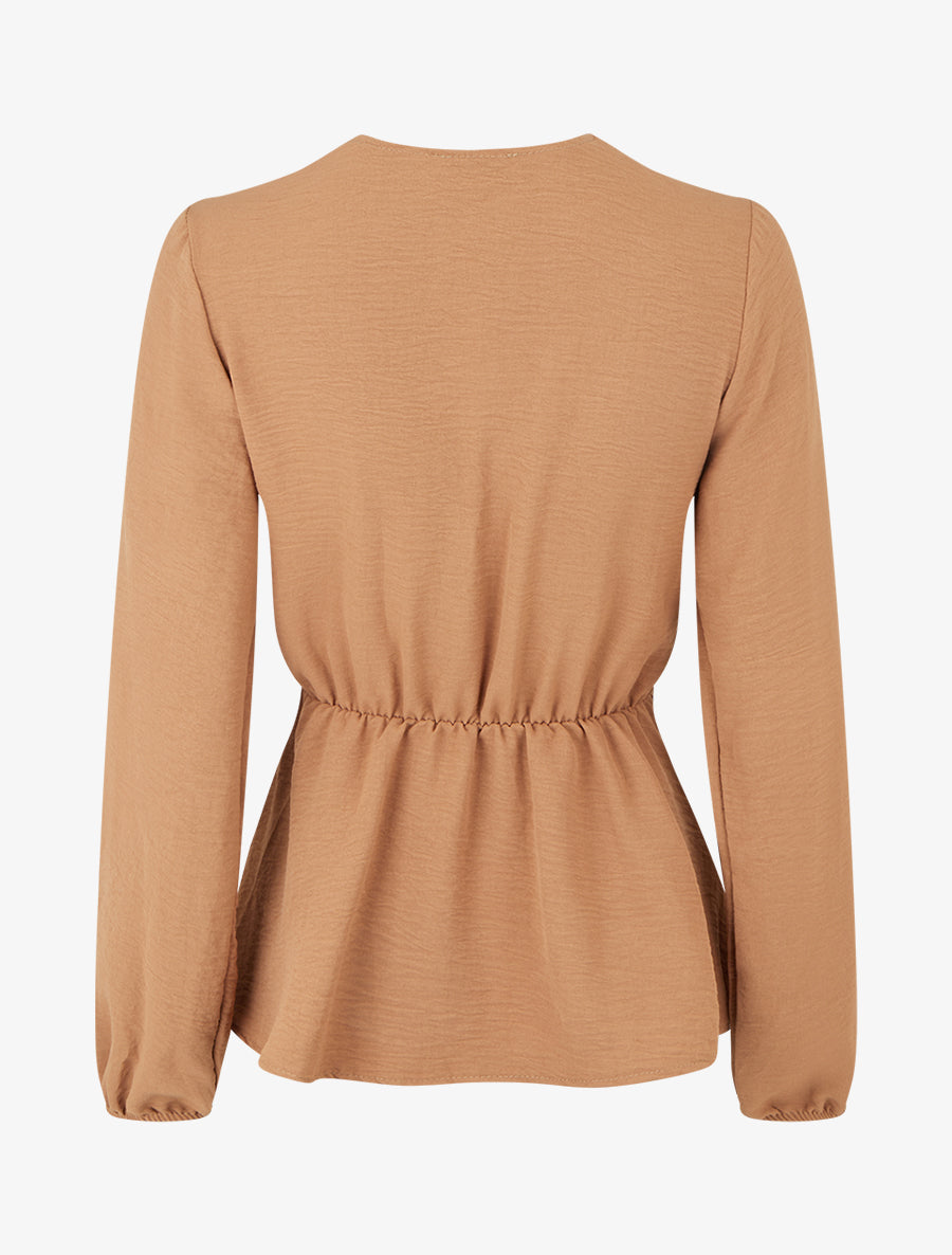 Blouse unie élastiquée à col cache coeur - Camel - 2