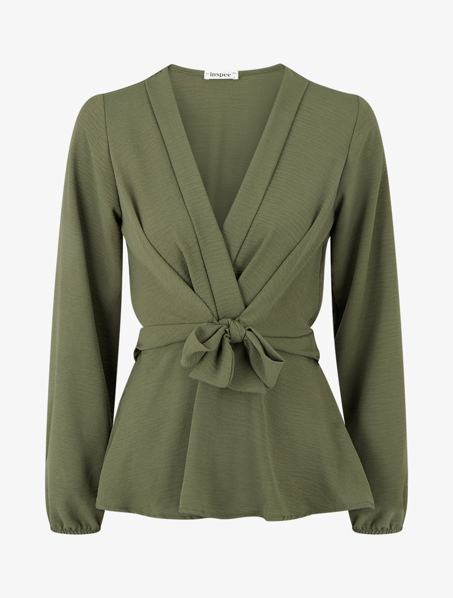 Blouse unie élastiquée à col cache coeur - Kaki - 1