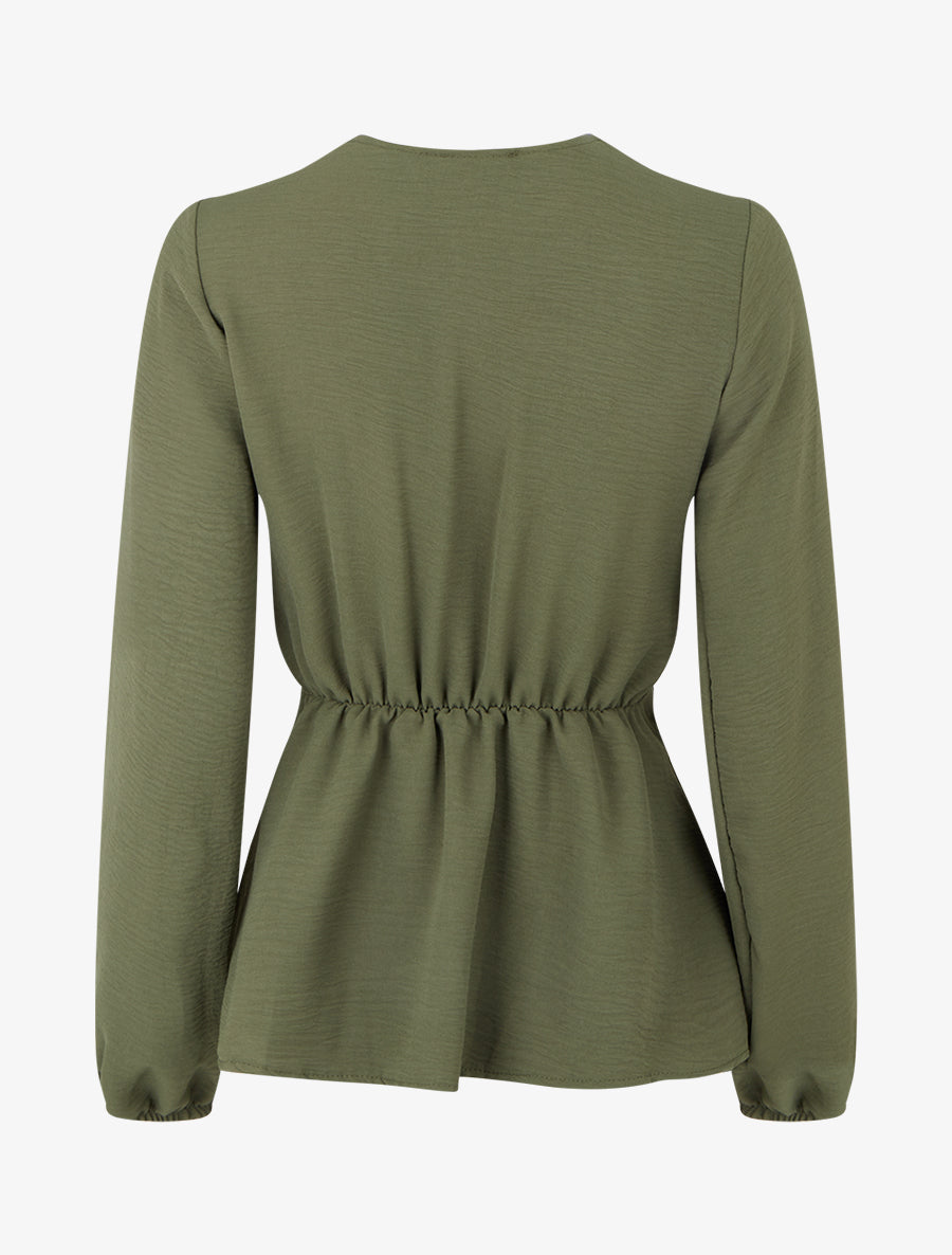 Blouse unie élastiquée à col cache coeur - Kaki - 2