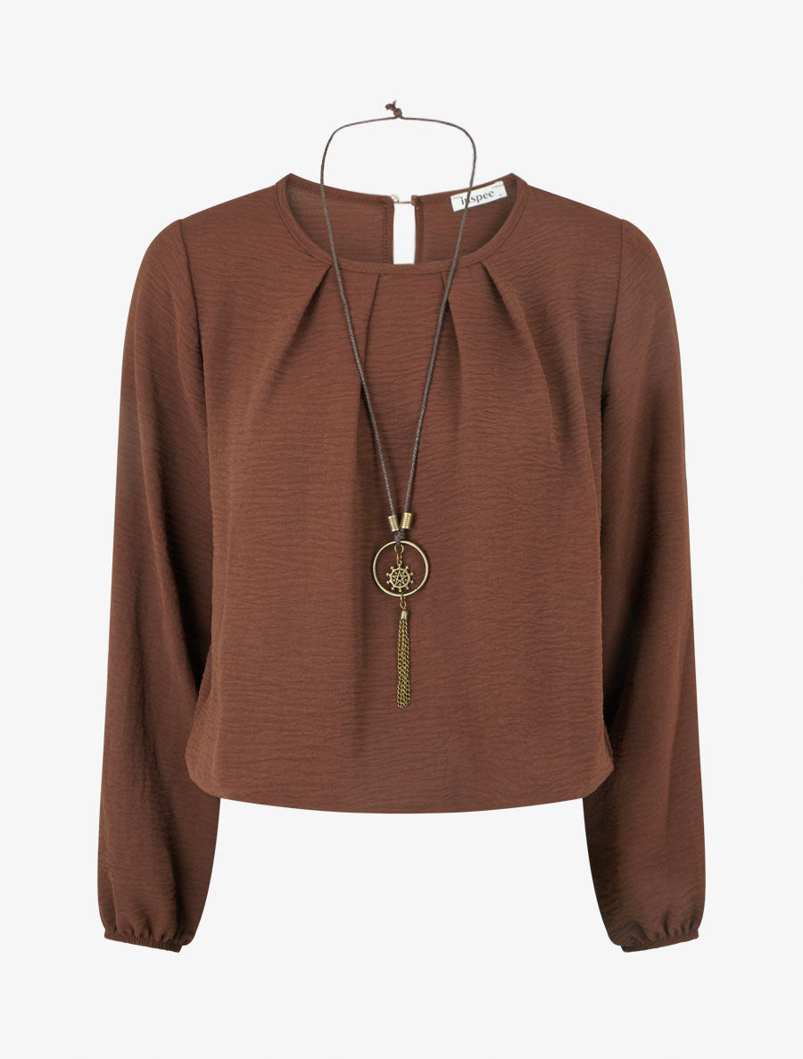 Blouse unie à bords élastiqués - Marron - 1