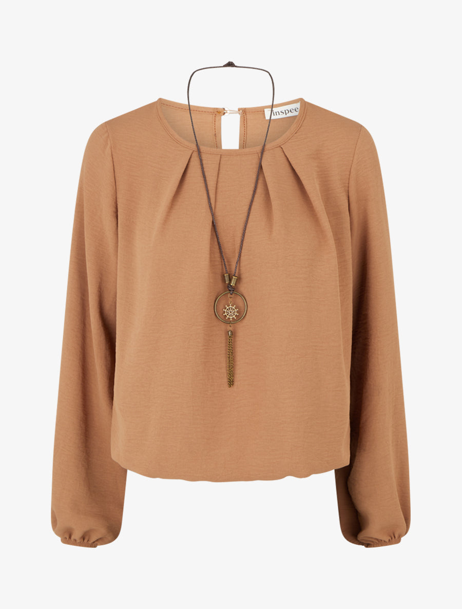 Blouse unie à bords élastiqués - Camel - 1