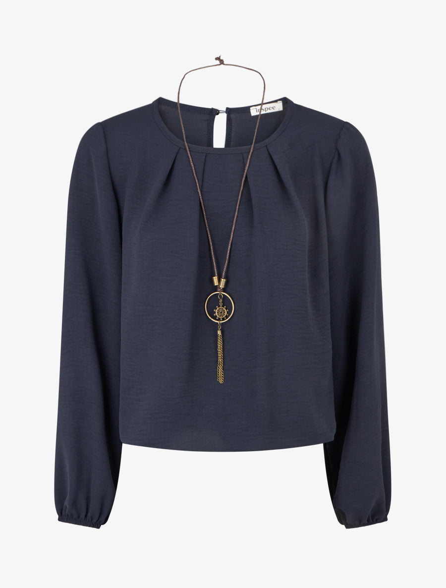 Blouse unie à bords élastiqués - Marine - 1