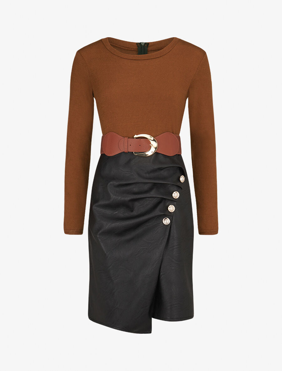 Robe bimatière jupe plissé à boutons - Camel - 1
