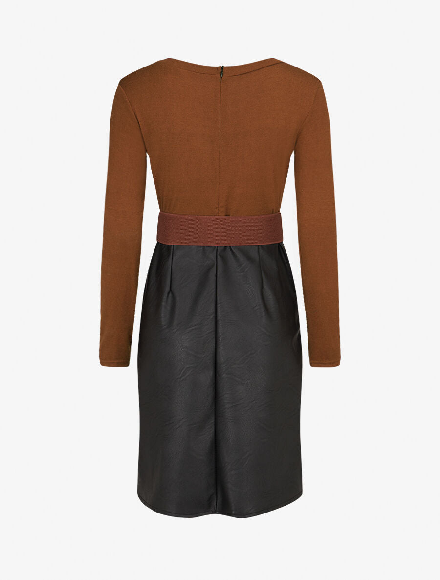 Robe bimatière jupe plissé à boutons - Camel - 2