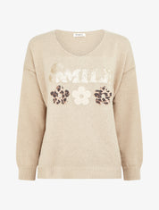 Pull uni en maille à flocage - Beige - 1