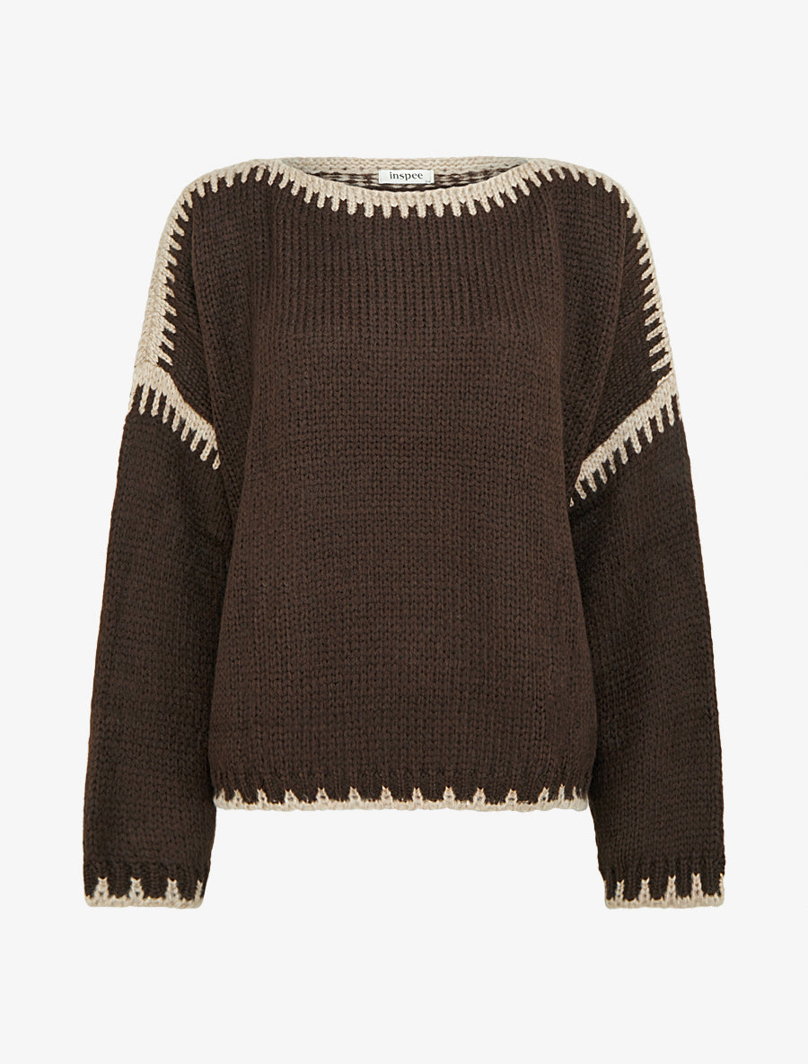 Pull en maille uni à bandes contrastantes - Marron - 1