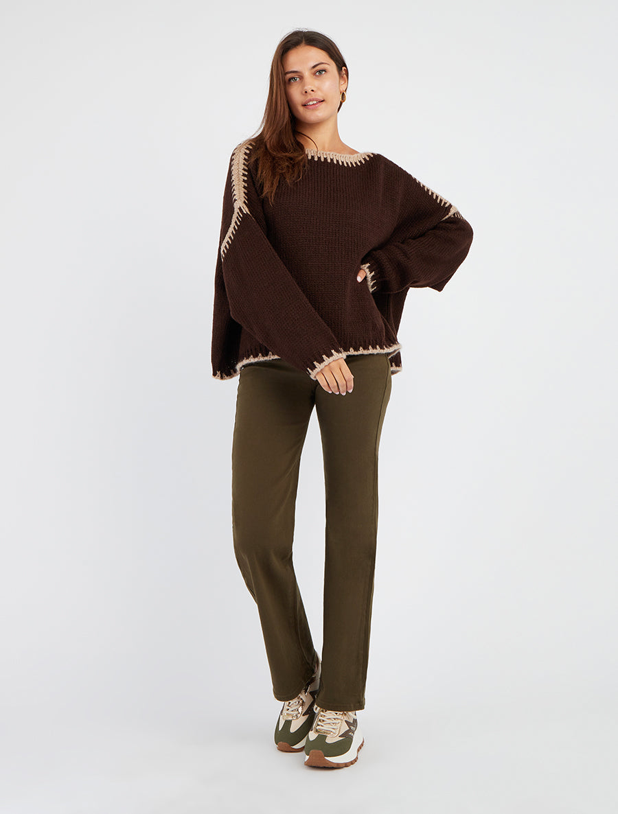 Pull en maille uni à bandes contrastantes - Marron - 8