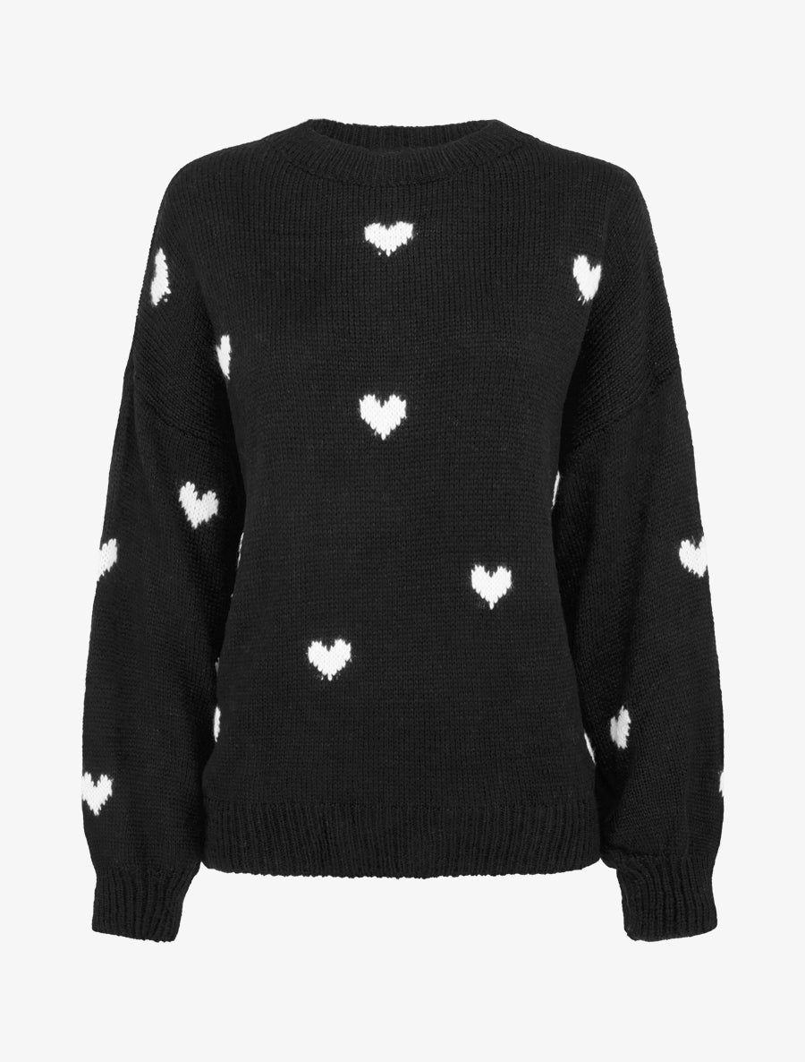 Pull en maille à motifs coeurs - Noir - 1