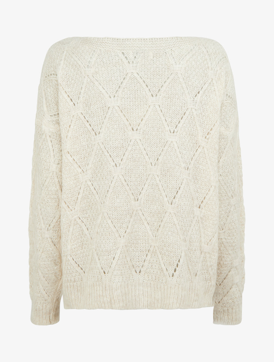 Pull uni ajouré à col rond - Crème - 2