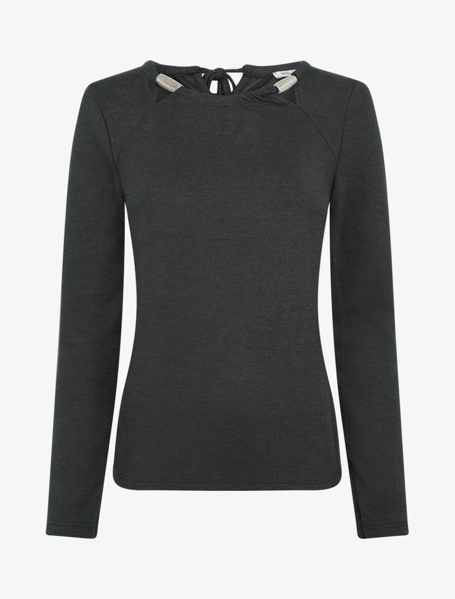 Pull fin uni à empiècement bijoux - Noir - 1