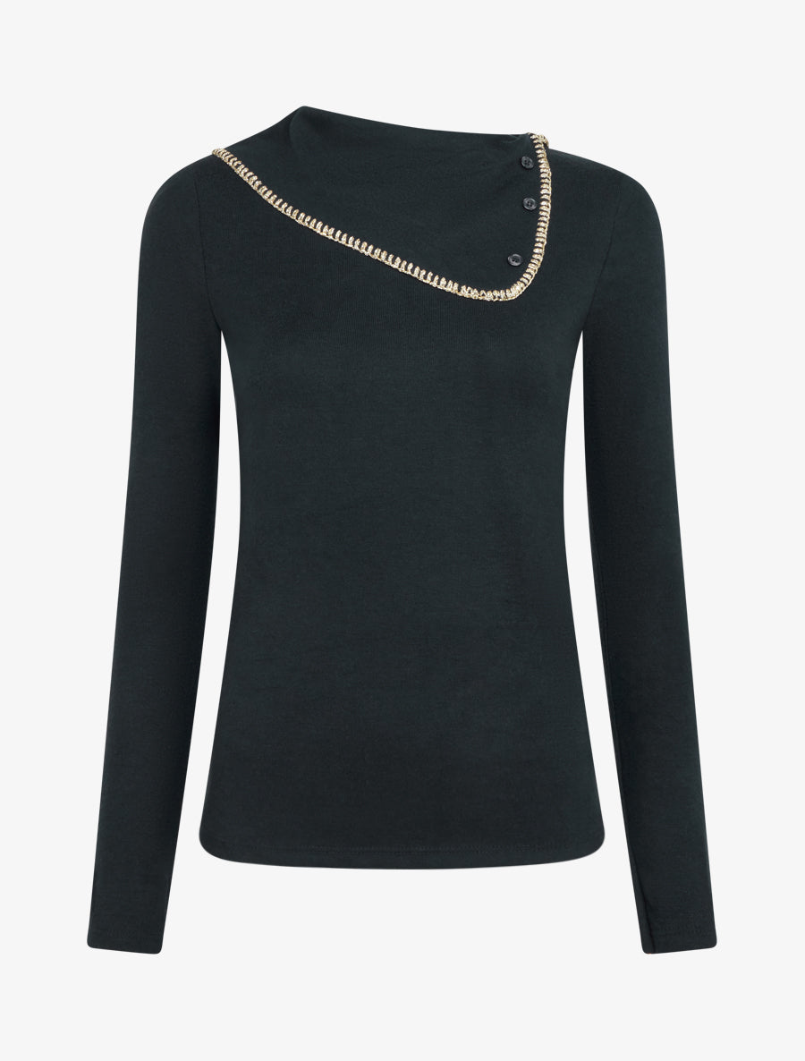 Pull fin à col fantaisie à revers - Noir - 1