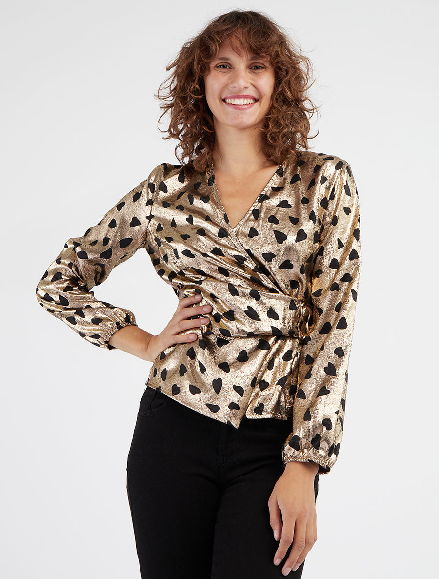 Blusa irisada elástica con estampado de corazones - Oro