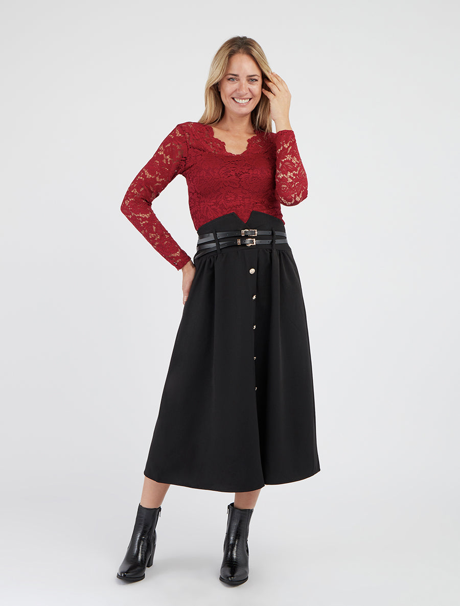 Falda midi con doble cinturón - Negro