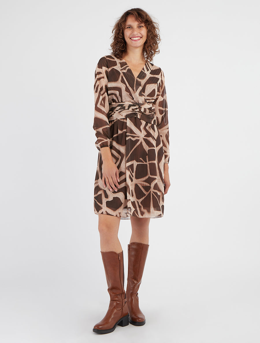 Vestido estampado retro con rayas irisadas - Marrón