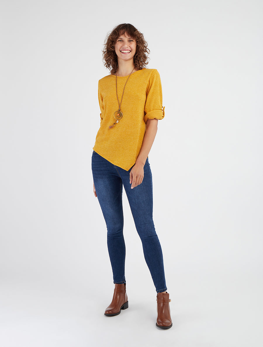 Jersey fino asimétrico con mangas largas remangables. - Amarillo mostaza