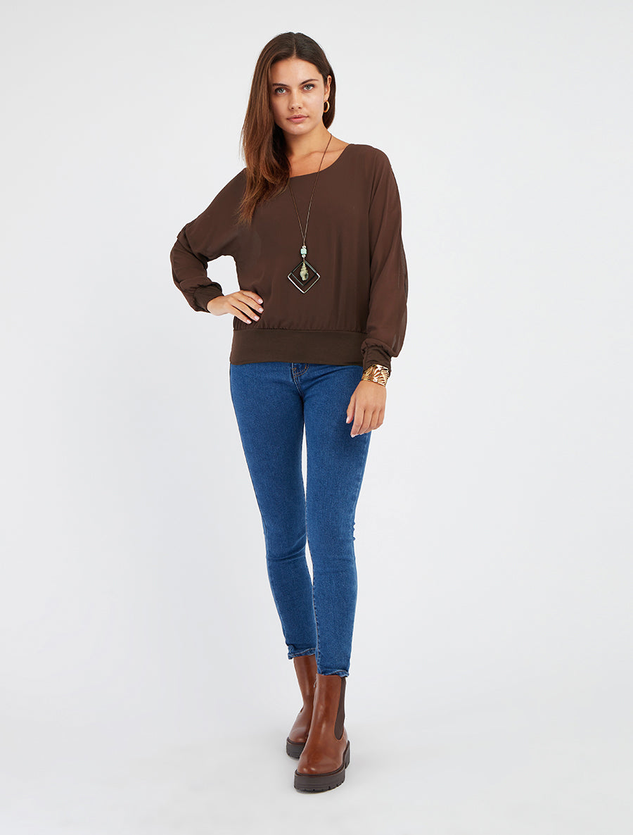 Blusa lisa de gasa con mangas largas - Marrón