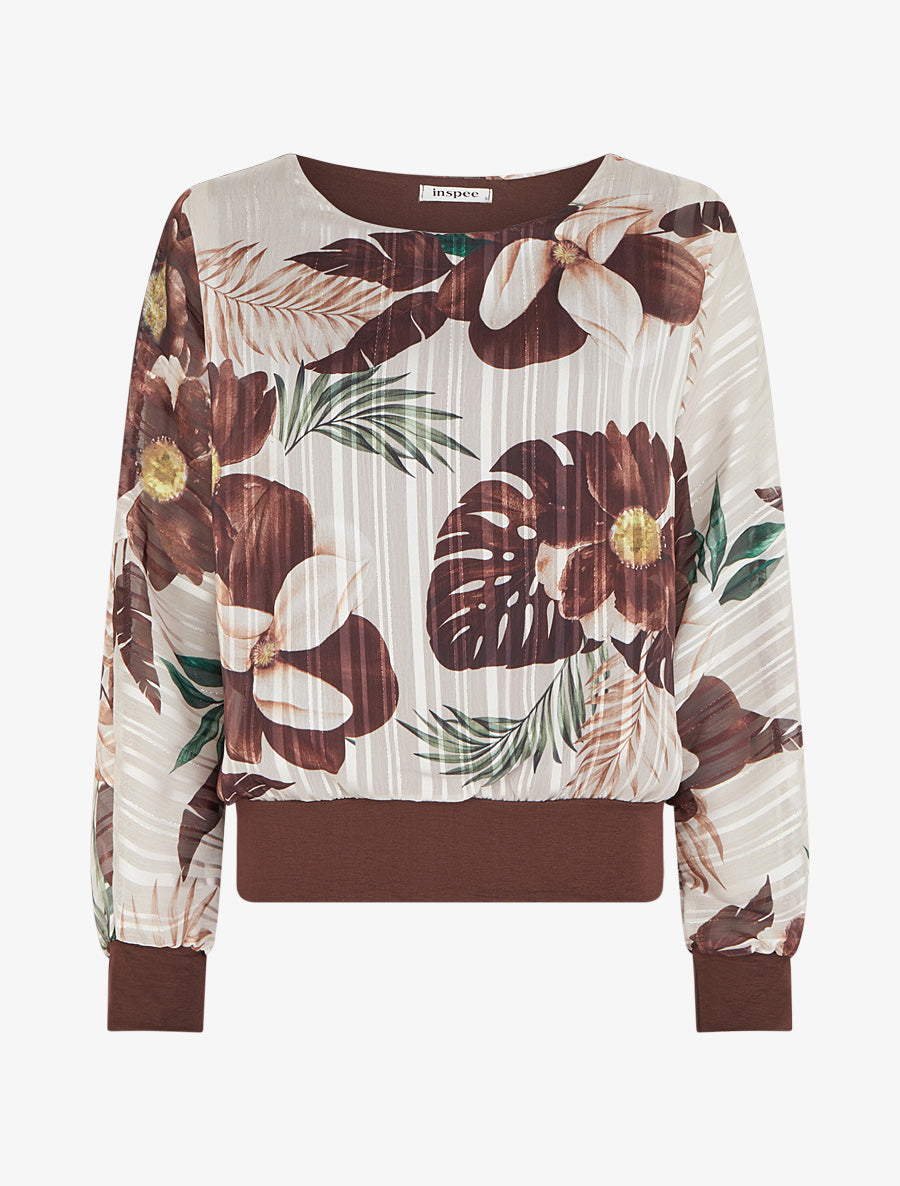 Blouse en voile imprimé feuillage à détail irisé - Marron - 1