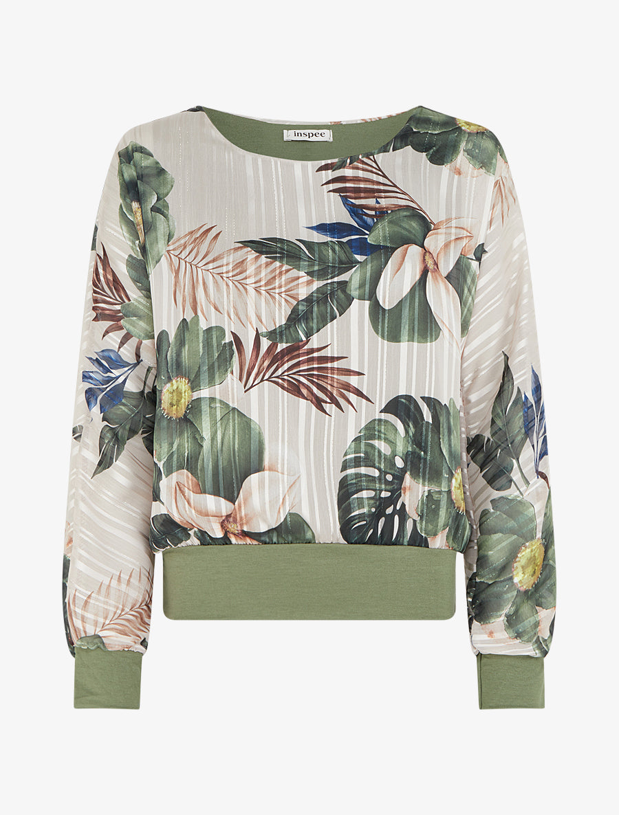 Blouse en voile imprimé feuillage à détail irisé - Kaki - 1