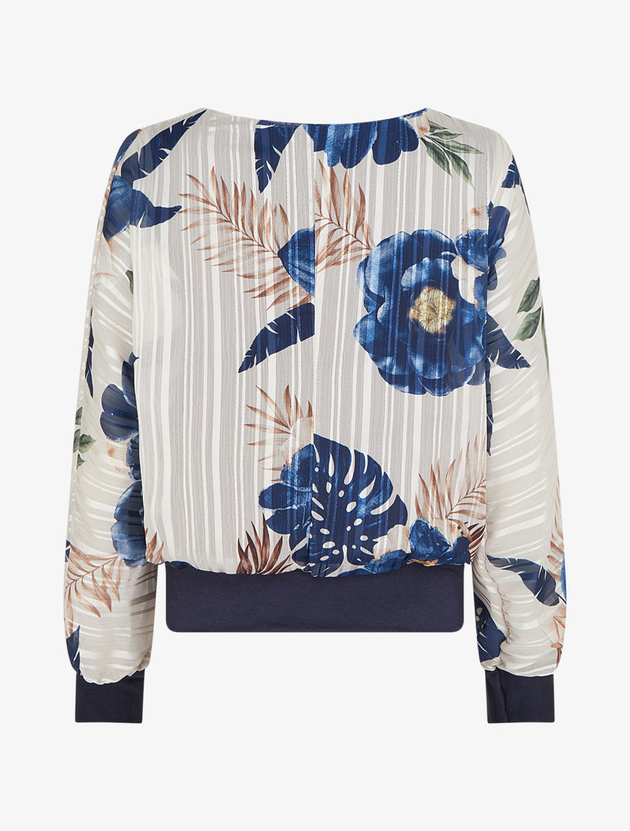 Blouse en voile imprimé feuillage à détail irisé - Marine - 2