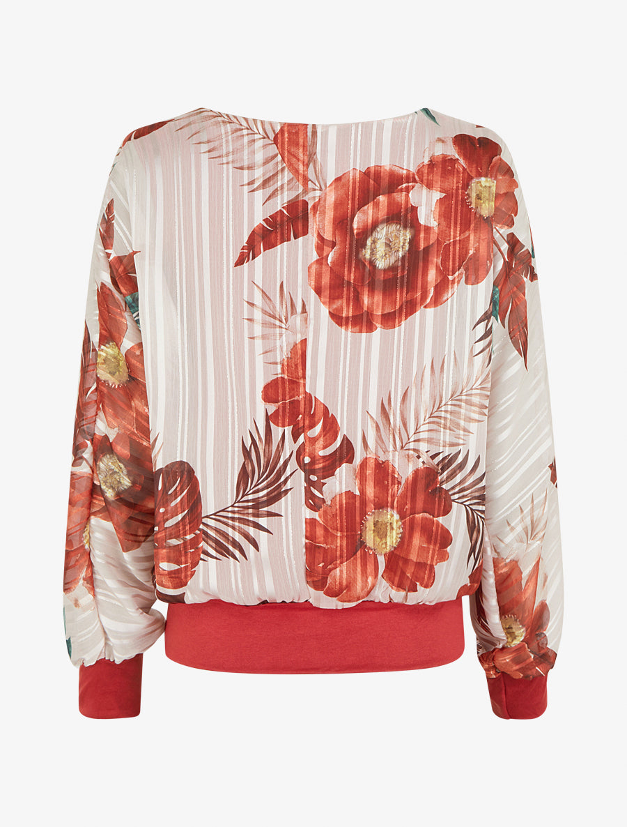Blouse en voile imprimé feuillage à détail irisé - Terre de sienne - 2