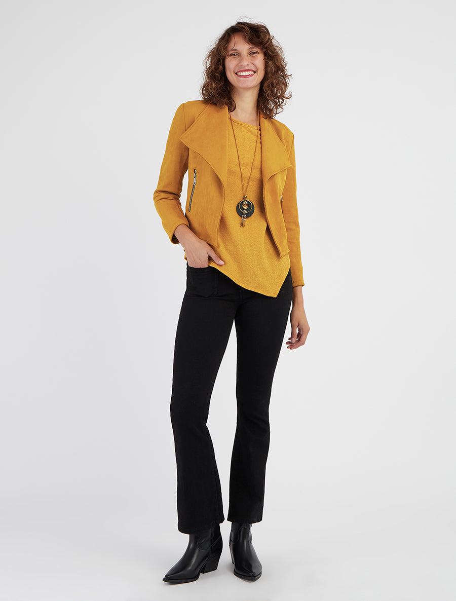 Chaqueta de ante con bolsillos decorativos con cremallera. - Amarillo mostaza