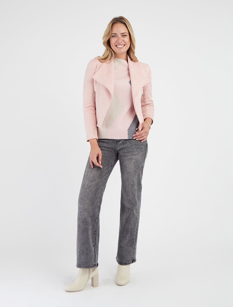 Chaqueta de ante con bolsillos decorativos con cremallera. - Rosa