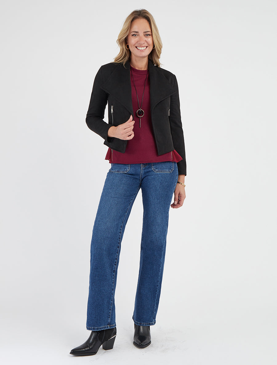 Chaqueta de ante con bolsillos decorativos con cremallera. - Negro