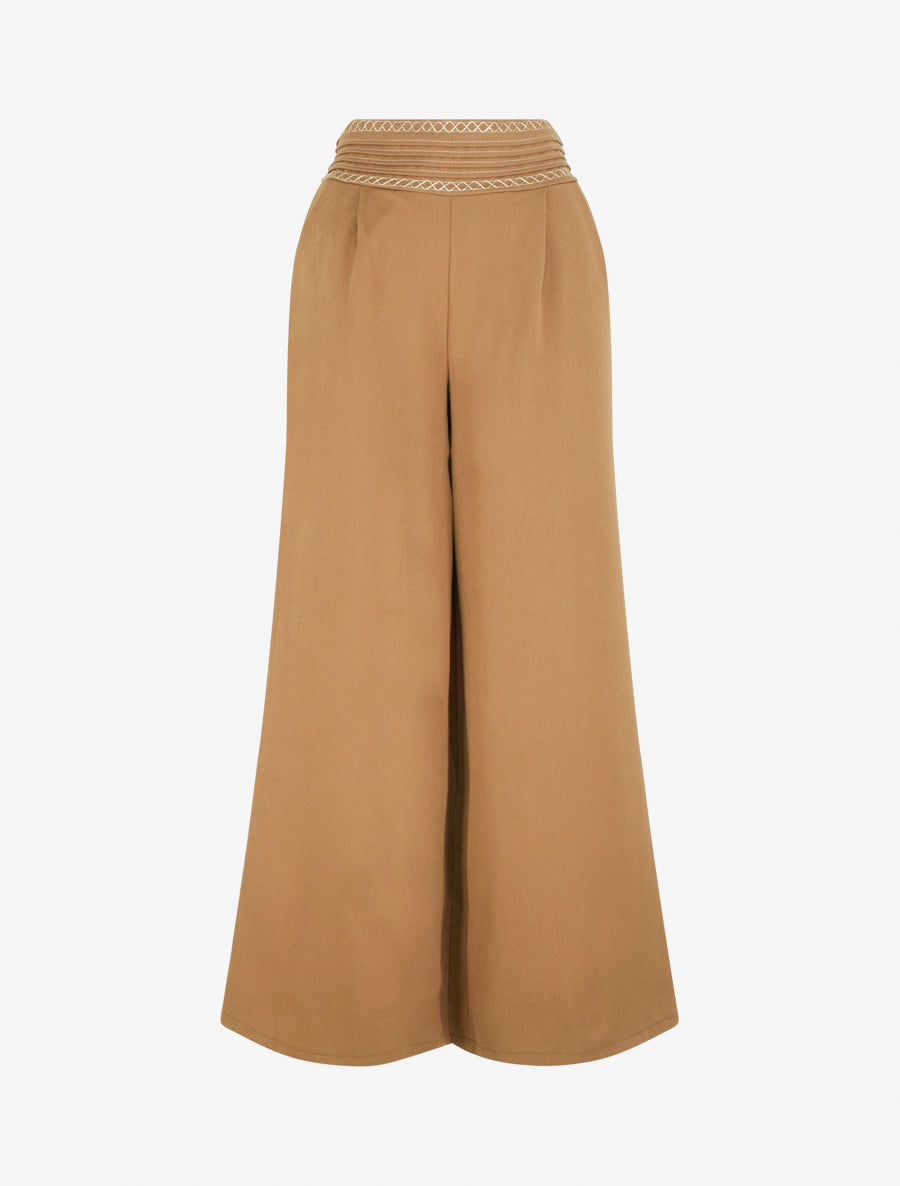 Pantalon ample uni à détail brodé - Camel - 1