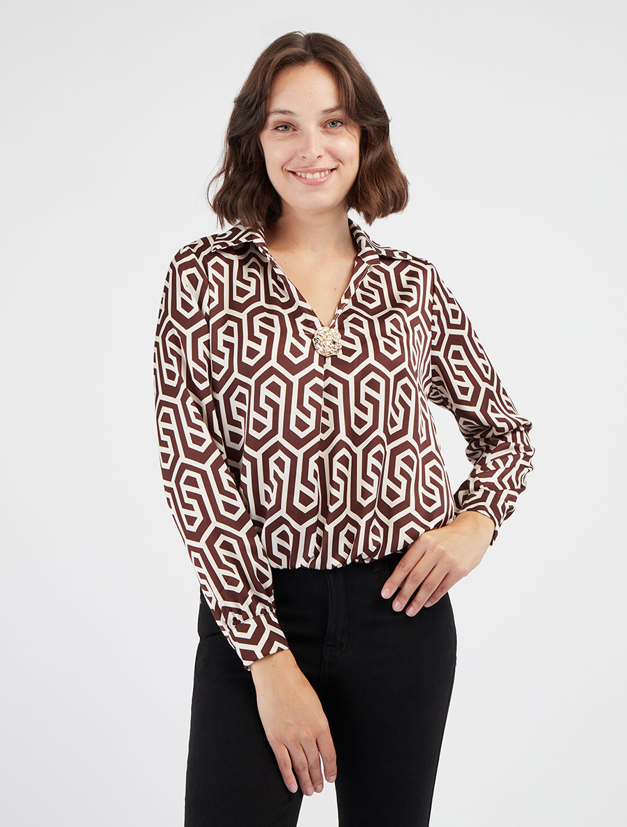 Blusa satinada estampado retro - Marrón