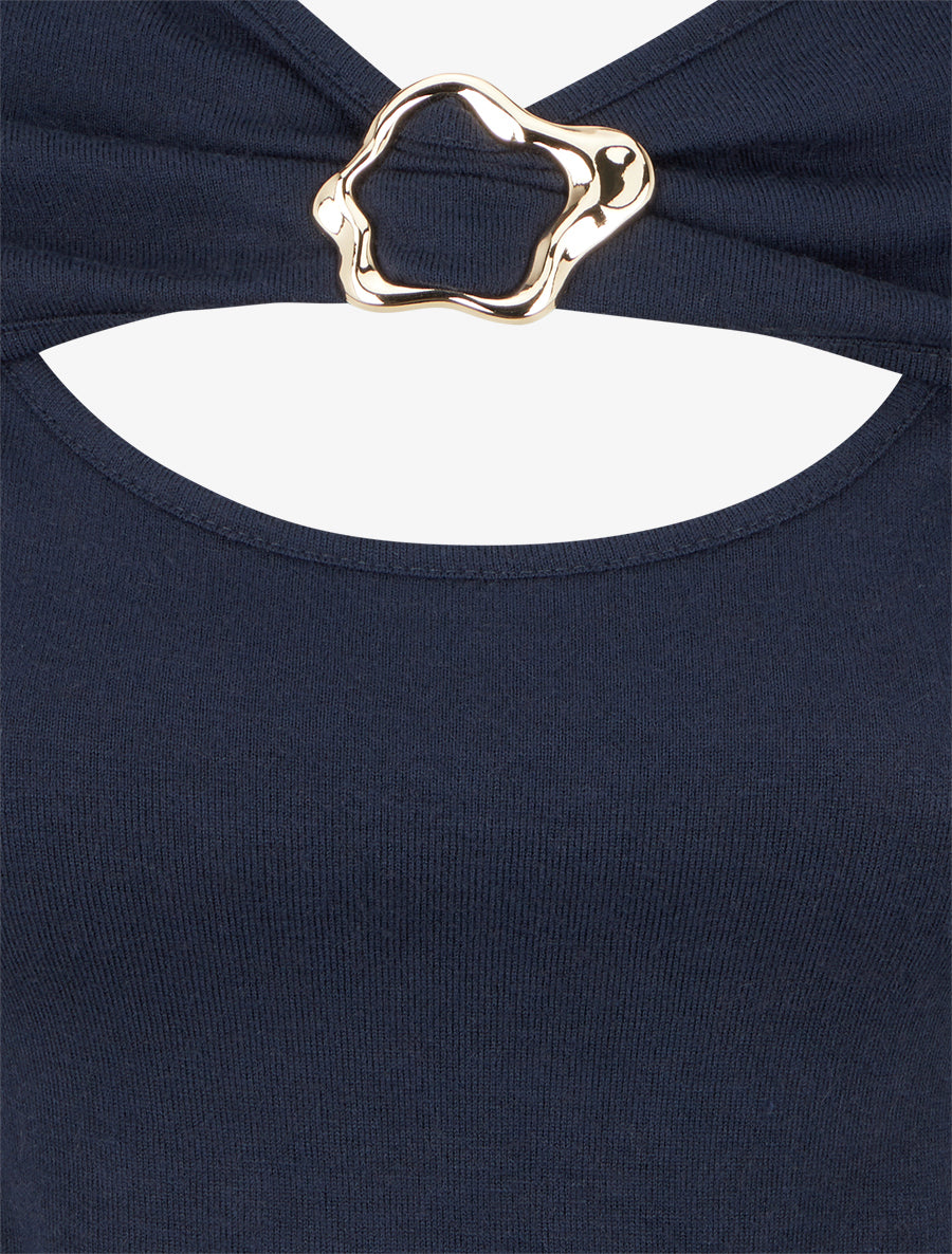 Pull fin à col rond ajouré à boucle - Marine - 3