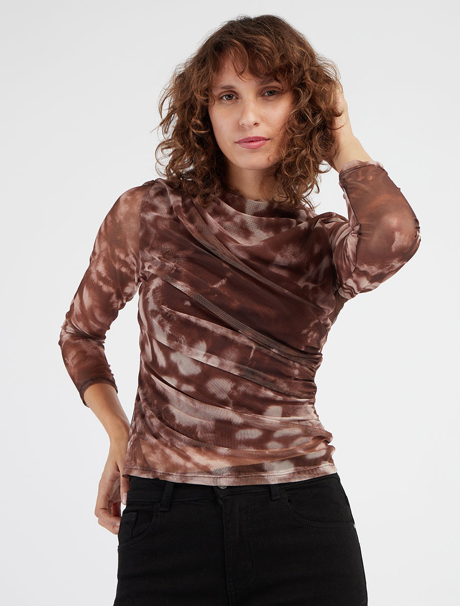 Top de tul con estampado gráfico - Marrón