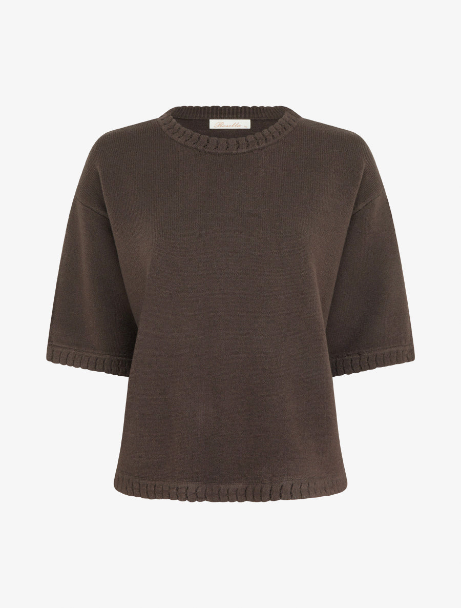 Pull uni en maille à col rond - Marron - 1