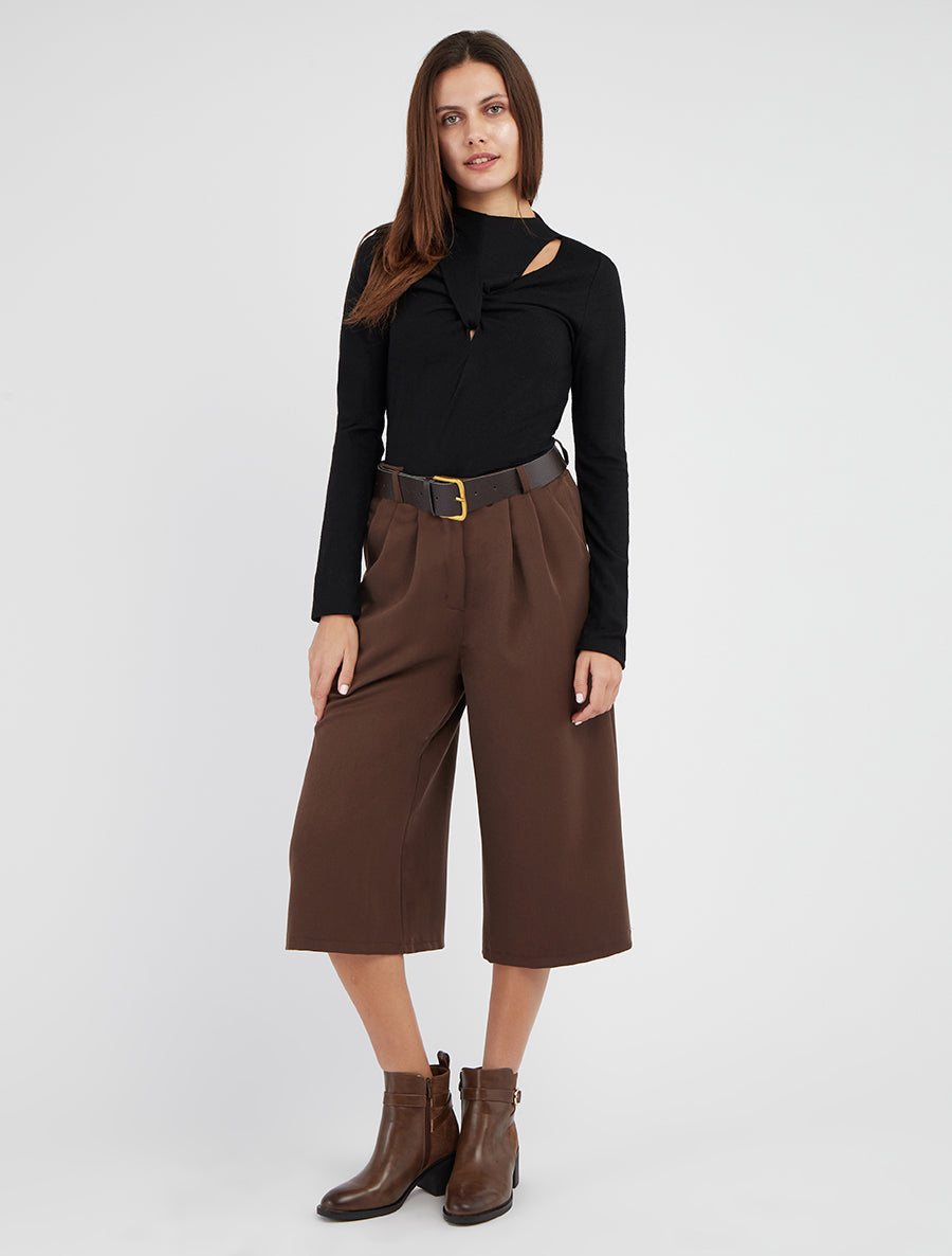 Pantalón capri liso de corte amplio - Marrón