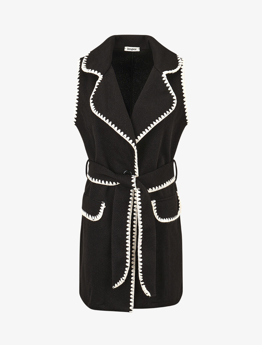 Gilet long sans manches à détail brodé - Noir - 1